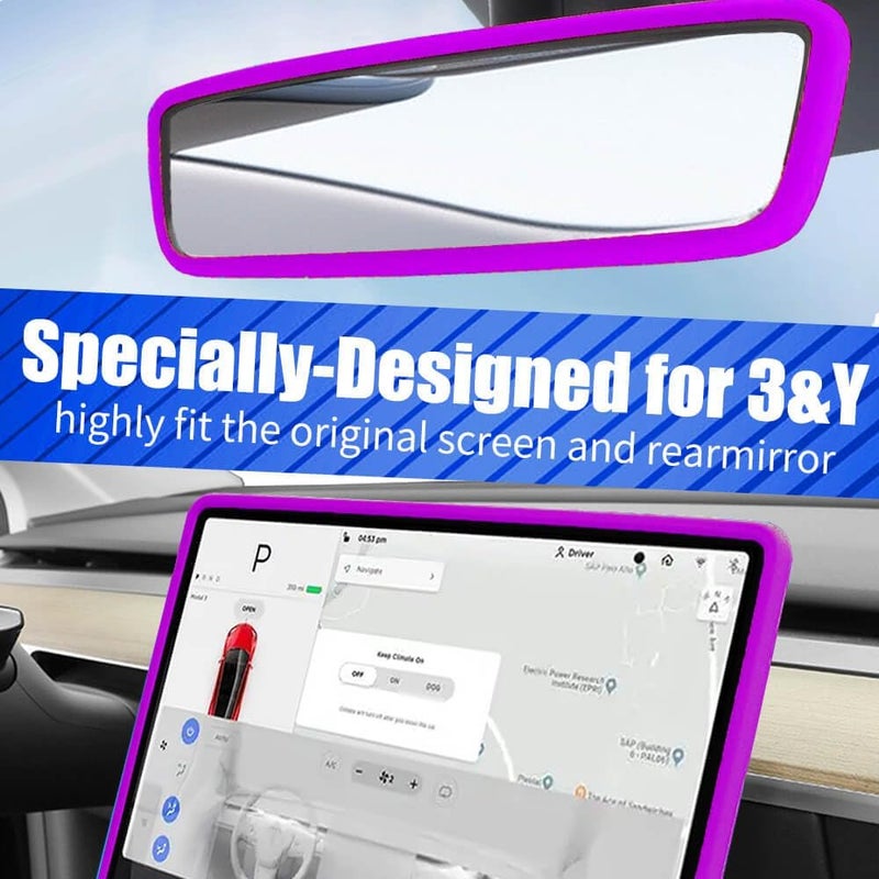 Yeapop 2Pcs Silicone Protector Frames of Screen and Rear View Mirror for Tesla Model 3 2017-2023 and Model Y 2019-Feb.2025. (Purple) - Image 2